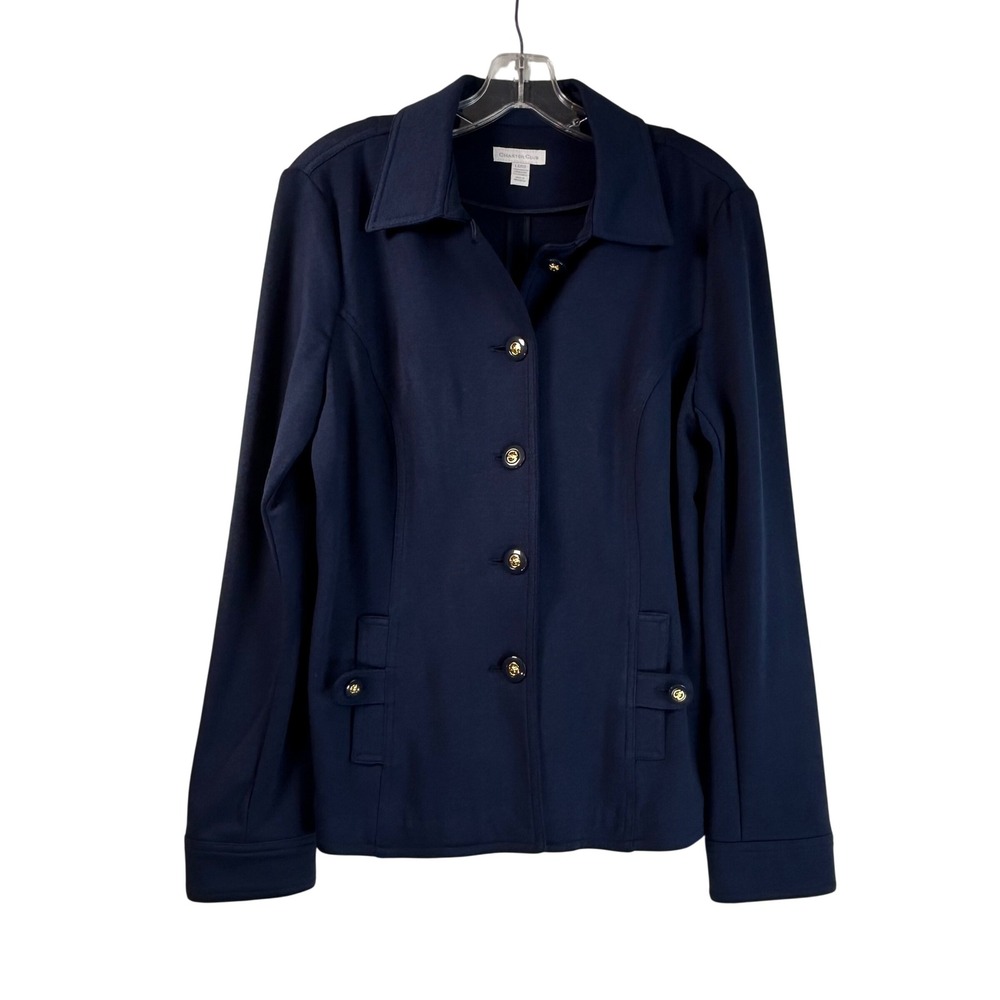 Charter Club Ipanema Knit Blazer Intrepid Blue Gold Buttons Womens Large